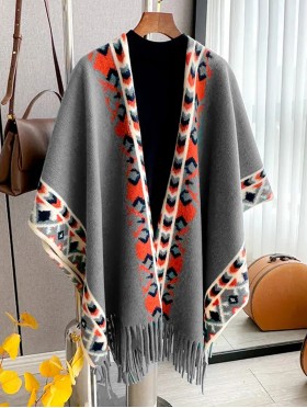 Premium Soft Abstract Patterned Cape W/ Fringes